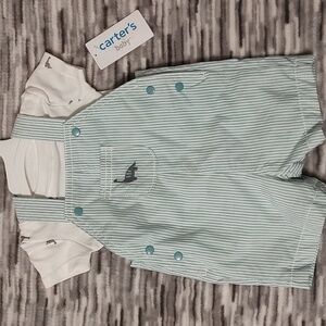 Just One You by Carter's Mint Green Pinstriped Dinosaur Overall Set Sz 3 mos NWT